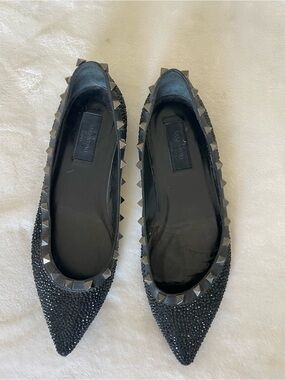 Valentino Crystal-Embellished Black Pointed Stud Flats